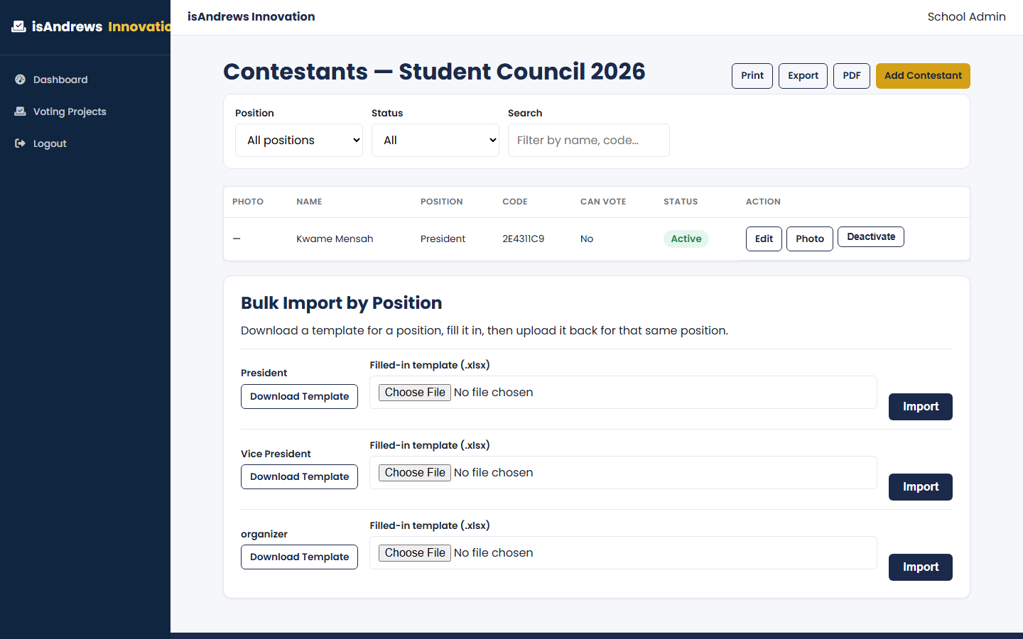 A real screenshot of contestant management in the isAndrews Voting System